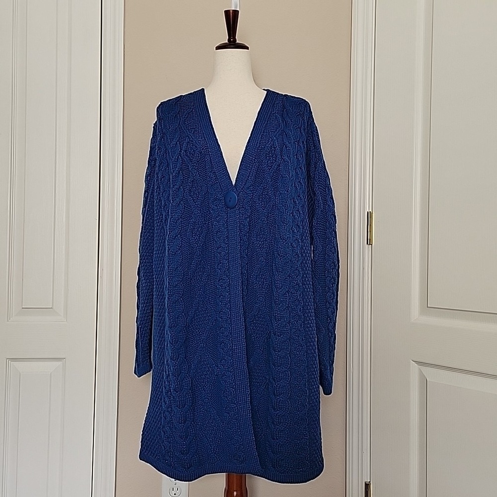 ARAN CRAFTS Long Cardigan Sz XXL Sweater Merino Wool Cable Knit BLUE One Button